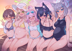  5girls :d ahoge anger_vein angry animal_ear_fluff animal_ears ayane_(blue_archive) ayane_(swimsuit)_(blue_archive) beach bikini bikini_top_only black_hair black_one-piece_swimsuit blue-tinted_eyewear blue_archive blue_eyes blue_jacket blush breasts cat_ears cleavage closed_eyes commentary_request competition_swimsuit covered_navel cross_hair_ornament ear_blush embarrassed evening expressionless extra_ears eyewear_on_head facing_viewer feet_out_of_frame flower flying_sweatdrops foreclosure_task_force_(blue_archive) frilled_bikini frills front-tie_top glasses green_eyes hair_ornament halo happy hat hat_flower hat_ribbon head_tilt hoshino_(blue_archive) hoshino_(swimsuit)_(blue_archive) jacket large_breasts leaning_forward light_brown_hair long_hair looking_at_viewer medium_breasts midriff mimonel mismatched_pupils multiple_girls navel nonomi_(blue_archive) nonomi_(swimsuit)_(blue_archive) ocean off-shoulder_bikini off_shoulder official_alternate_costume one-piece_swimsuit outdoors pink_hair pointy_ears pregnant red-framed_eyewear ribbon serika_(blue_archive) serika_(swimsuit)_(blue_archive) shiroko_(blue_archive) shiroko_(swimsuit)_(blue_archive) short_hair short_shorts shorts side-tie_bikini_bottom sitting smile striped_bikini striped_clothes sun_hat swept_bangs swimsuit tinted_eyewear twintails two-tone_swimsuit v white_bikini white_headwear white_jacket wolf_ears yellow_bikini 