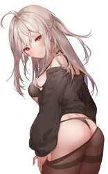  ahoge ass black_bra black_panties black_sweater bra breasts brown_pantyhose closed_mouth clothes_pull commentary_request female from_behind highres long_hair long_sleeves looking_at_viewer looking_back medium_breasts messy_hair metatarou original panties pantyhose pantyhose_pull pulling_own_clothes red_eyes simple_background solo string_bra string_panties sweater thighband_pantyhose thong underwear white_background white_hair 