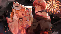  2girls alcohol bare_shoulders bow_choker couple cup earrings ellie_niunai_zhuyi_zhe feather_earrings feathers fireworks fox_mask gradient_hair highres hololive hololive_english japanese_clothes jewelry kimono mask mori_calliope mori_calliope_(new_year) multicolored_hair multiple_girls official_alternate_costume orange_hair pink_hair sakazuki sake short_hair takanashi_kiara takanashi_kiara_(new_year) virtual_youtuber yuri 