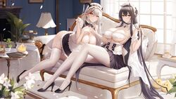  2girls aegir_(azur_lane) aegir_(iron_blood&#039;s_dragon_maid)_(azur_lane) alexiel_(pixiv6211566) ass azur_lane black_dress black_footwear black_hair black_skirt breasts cleavage couch crossed_arms cup detached_collar dress garter_straps grey_hair high_heels highres holding_hands horns indomitable_(azur_lane) indomitable_(ms._motivationless_maid)_(azur_lane) indoors lamp large_breasts long_hair looking_at_viewer maid maid_headdress manjuu_(azur_lane) md5_mismatch miniskirt multicolored_hair multiple_girls no_panties official_alternate_costume plant potted_plant red_hair resolution_mismatch shoes sitting skirt source_larger streaked_hair teacup thighhighs thighs very_long_hair white_thighhighs yellow_eyes 