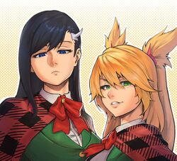  2girls black_hair blonde_hair blue_eyes burn_the_witch cape dotted_background ehkcaio expressionless green_eyes green_jacket hair_between_eyes hair_ornament hairclip half-closed_eyes highres jacket long_hair multiple_girls niihashi_noel ninny_spangcole plaid_capelet red_cape smile swept_bangs upper_body 