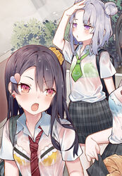  3girls akizuki_kei arm_up black_hair black_skirt blue_bra bra bra_visible_through_clothes breasts broken_heart collared_shirt commentary day diagonal-striped_clothes diagonal-striped_necktie double_bun earrings green_bra grey_hair hair_between_eyes hair_bun hair_ornament hair_scrunchie heart heart_hair_ornament hot itou_chieri jewelry long_hair medium_breasts multiple_girls munakata_hinano necktie one_side_up open_mouth original out_of_frame outdoors paid_reward_available parted_bangs parted_lips plaid plaid_skirt pleated_skirt red_eyes red_necktie school_uniform scrunchie shirt short_sleeves skirt skirt_basket small_breasts striped_clothes striped_necktie tokuno_yuika underwear wet wet_clothes wet_shirt white_shirt yellow_bra yellow_scrunchie 