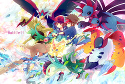  2boys baseball_cap black_kyurem blue_hoodie braviary brown_hair cocoloco commentary_request hat haxorus hilbert_(pokemon) holding holding_poke_ball hood hoodie hydreigon kyurem multiple_boys nate_(pokemon) outstretched_arm poke_ball poke_ball_(basic) pokemon pokemon_(creature) pokemon_bw pokemon_bw2 red_eyes red_headwear reshiram samurott serperior shoes smile teeth victini visor_cap volcarona 