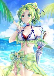  artist_name bare_shoulders bikini blue_sky breasts cleavage cloud collarbone cowboy_shot female fire_emblem fire_emblem:_the_sacred_stones fire_emblem_heroes flower green_eyes green_hair green_sarong hair_flower hair_ornament hair_ribbon holding holding_umbrella l&#039;arachel_(fire_emblem) l&#039;arachel_(summer)_(fire_emblem) looking_at_viewer navel ocean official_alternate_costume outdoors ribbon sarong sky smile solo swimsuit umbrella white_bikini yuyu_(spika) 