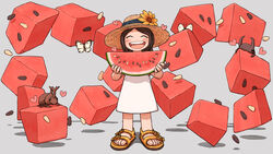  beetle blush bug butterfly closed_eyes dress female flower food fruit hat heart highres holding holding_food holding_fruit holding_watermelon kohei_nakaya open_mouth original rhinoceros_beetle sandals shadow smile solo stag_beetle straw_hat watermelon watermelon_seeds white_dress wide_shot yellow_flower yellow_footwear 