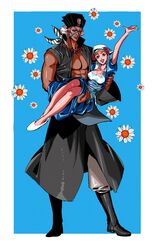  1boy apron bandana bare_pectorals battle_tendency blonde_hair blue_dress blue_eyes boots carrying daisy dark-skinned_male dark_skin dress earrings esidisi facial_mark facial_tattoo female flower hat highres hoop_earrings jewelry jojo_no_kimyou_na_bouken limaotanuki necklace official_alternate_costume pants pectorals polka_dot polka_dot_apron princess_carry suzi_q tattoo vest waving white_hair 