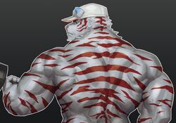  2018 anthro back_muscles baseball_cap big_muscles blue_body blue_eyes blue_fur clothed clothing dumbbell exercise felid fur half-length_portrait hat headgear headwear hi_res huge_muscles looking_at_viewer male mammal muscular muscular_anthro muscular_male pantherine pink_nose portrait red_body red_fur solo standing striped_body striped_fur stripes tiger topless traver009 weightlifting weights white_body white_fur workout 