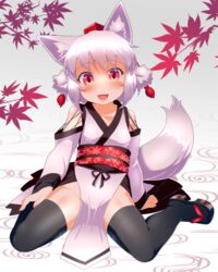  :d animal_ear_fluff animal_ears black_bridal_gauntlets black_footwear black_thighhighs blush breasts bridal_gauntlets commentary_request cross-laced_clothes cross-laced_sleeves elbow_gloves female full_body gloves hat inubashiri_momiji japanese_clothes kimono kourindou_tengu_costume leaf leaf_print long_sleeves lower_teeth_only maple_leaf maple_leaf_print no_panties obi oerba_yun_fang open_mouth pelvic_curtain pom_pom_(clothes) red_eyes red_hat red_sash sandals sash short_hair sitting skin_fang small_breasts smile solo tail teeth thighhighs tokin_hat tongue torque touhou wariza white_hair white_kimono wolf_ears wolf_girl wolf_tail zouri 