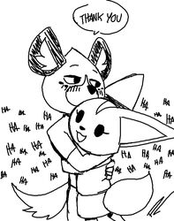  2021 aggretsuko anthro bigbeanpole blush canid canine clothed clothing dialogue duo english_text fakeryway female fennec_fox fenneko fox haida_(aggretsuko) hug hyena laugh male male/female mammal monochrome on_model sanrio speech_bubble spotted_hyena tail talking_to_another text thanking true_fox vocalization 