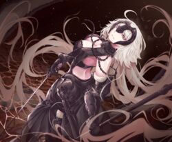  armor blonde_hair breasts chains cleavage fate/grand_order fate_(series) female floating_hair from_above from_behind gauntlets gorget headpiece highres jeanne_d&#039;arc_alter_(avenger)_(fate) jeanne_d&#039;arc_alter_(avenger)_(third_ascension)_(fate) jeanne_d&#039;arc_alter_(fate) long_hair pale_skin ru_251 sheath solo sword very_long_hair water weapon wind yellow_eyes 