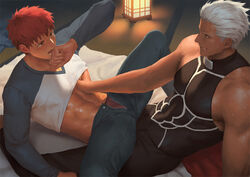  2boys abs archer_(fate) bara black_pants blue_pants blue_shirt blush bulge bulge_to_ass buttjob buttjob_over_clothes clothes_lift dark-skinned_male dark_skin emiya_shirou fate/stay_night fate_(series) groping large_pectorals looking_at_another lying male_focus male_underwear male_underwear_peek multiple_boys muscular muscular_male navel on_back open_mouth open_pants pants pectorals penguin_frontier red_hair selfcest shirt shirt_lift short_hair smile sweat two-tone_shirt underwear white_hair white_shirt yaoi 