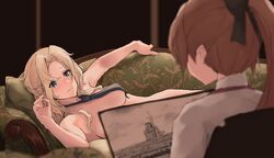  2girls akigumo_(kancolle) black_necktie blonde_hair blurry breasts brown_eyes convenient_censoring convenient_neckwear couch depth_of_field draw_me_like_one_of_your_french_girls_(meme) from_behind grey_eyes highres historical_event hornet_(kancolle) k_jie kantai_collection large_breasts long_hair lying meme modeling multiple_girls necktie nude nude_modeling on_side parody ponytail scene_reference ship solo_focus titanic_(movie) topless watercraft 