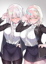  2girls :q absurdres black_legwear blazer blonde_hair blue_eyes blush breasts commentary_request green_eyes hand_up highres jacket large_breasts long_hair looking_at_viewer mitsudoue multiple_girls open_clothes open_jacket original pantyhose platinum_blonde_hair pleated_skirt school_uniform short_hair simple_background skirt smile tented_shirt tongue tongue_out twintails white_background 