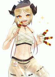  :d aiv arknights bandages bare_arms bare_shoulders blonde_hair chest_sarashi chinese_commentary commentary_request cowboy_shot female food hands_up highres holding holding_food horns ifrit_(arknights) ifrit_(sunburn)_(arknights) kebab looking_at_viewer material_growth navel open_mouth orange_eyes oripathy_lesion_(arknights) sarashi sarong short_hair simple_background smile solo sparkle stomach white_background 