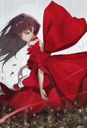  arms_at_sides bare_shoulders blue_eyes brown_hair closed_mouth commentary dress earrings female finger_ribbon flower from_side grass hairband highres holding jewelry long_hair looking_at_viewer marumoru off-shoulder_dress off_shoulder original puppet_strings rain red_dress red_flower red_hairband red_rose rose serious solo standing water 