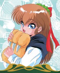  1990s_(style) blue_eyes bow brown_hair claws dragon_knight_(elf) dragon_knight_2 female hairbow long_hair long_sleeves looking_at_viewer non-web_source oerba_yun_fang official_art open_mouth retro_artstyle solo sugimoto_takami upper_body 