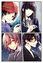  3boys akechi_gorou amamiya_ren bad_id bad_pixiv_id black_hair blue_eyes bow bowtie brown_eyes brown_hair closed_mouth clothes_writing female glasses hair_ornament hat holding jacket kosei_high_school_uniform long_hair multiple_boys necktie oda_shinya persona persona_5 red_headwear school_uniform shogi_piece shuujin_academy_school_uniform smile striped_bow striped_bowtie striped_clothes striped_necktie tougou_hifumi upper_body vertical-striped_clothes vertical-striped_necktie yuu_(isis7796) 