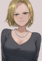  android_18 bad_id bad_pixiv_id black_shirt blonde_hair blue_eyes blush breasts cleavage closed_mouth collarbone commentary dragon_ball dragon_ball_z earrings female highres jewelry large_breasts looking_at_viewer mole mole_on_breast mole_under_eye necklace pearl_necklace shirt short_hair simple_background smile solo t-shirt taut_clothes taut_shirt upper_body yj_(yojo_san) 