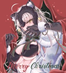  ahoge alternate_costume animal_ears bell bikini blonde_hair blush breasts capelet christmas commentary covering_face curtains fate/grand_order fate_(series) female fur_trim gloves headpiece highres jeanne_d&#039;arc_alter_(avenger)_(fate) jeanne_d&#039;arc_alter_(fate) jingle_bell looking_at_viewer merry_christmas ru_251 solo swimsuit yellow_eyes 