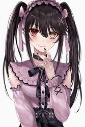  asle bags_under_eyes black_bow black_choker black_hair black_nails black_skirt blush bow breasts center_frills choker clock_eyes closed_mouth collarbone commentary_request date_a_live detached_sleeves ear_piercing female fingernails frilled_hairband frilled_shirt frills hair_between_eyes hair_ornament hair_ribbon hairband hand_on_own_chin hand_on_own_face hand_up heterochromia highres jewelry jirai_kei long_hair long_sleeves looking_at_viewer medium_breasts nail_polish neck_ribbon piercing pink_ribbon pink_shirt red_eyes ribbon ring shirt sidelocks simple_background skirt smile solo standing symbol-shaped_pupils tokisaki_kurumi twintails uneven_twintails upper_body white_background yellow_eyes 