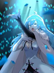  ahoge asymmetrical_gloves blue_eyes blue_hair breasts cape cleavage dress earrings elbow_gloves female fur_collar gloves hand_on_own_chest hands_up highres hitotose_rinne idol jewelry large_breasts long_hair open_mouth single_earring single_elbow_glove solo sparkling_eyes teeth uneven_gloves upper_body upper_teeth_only very_long_hair vivy vivy:_fluorite_eye&#039;s_song white_cape white_dress white_gloves 