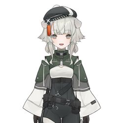  animal_ears baton_(weapon) belt belt_pouch black_gloves black_hat blush cleavage_cutout clothing_cutout covered_navel dog_ears female gloves green_eyes grey_background grey_hair hat holster holstered long_sleeves medium_hair mgg_(x_arte) open_mouth original pouch see-through shoulder_cutout shuriken simple_background solo tassel teeth tight_clothes tongue turtleneck twintails upper_teeth_only walkie-talkie weapon wide_sleeves zipper zipper_pull_tab 