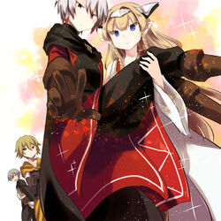  3boys alex_the_sage_in_yellow blonde_hair blue_eyes boots brown_footwear brown_gloves brown_hair cape carrying commentary_request ezel_the_king_of_fire_and_iron falia_the_queen_of_the_mountains female gloves grey_hair heterochromia looking_at_viewer multicolored_hair multiple_boys ourn_the_inventor pixiv_fantasia pixiv_fantasia_last_saga pointy_ears princess_carry red_cape red_eyes red_hair simple_background standing tsumiki_(syouyumame) wide_sleeves yellow_cloak 