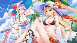  2girls animal aqua_eyes beach bikini bird blonde_hair breast_hold breasts cleavage clouds gray_hair hat long_hair ponytail silver15 swimsuit tagme_(character) yellow_eyes 