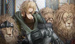  absurdres animal_ears arknights artist_name bare_shoulders black_footwear black_nails black_tank_top blonde_hair breasts cleavage collarbone feet_out_of_frame female fence food gawain_(arknights) green_jacket grey_pants hair_between_eyes hammer highres holding holding_hammer jacket knee_pads lion lion_ears lion_girl long_hair looking_at_viewer medium_breasts messy_hair off_shoulder official_alternate_costume open_mouth pants ponytail sidelocks siege_(arknights) siege_(legacy)_(arknights) single_knee_pad sitting solo tail tank_top vloodozer war_hammer weapon yellow_eyes 