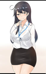  absurdres aged_up alternate_costume arm_behind_back black_bra black_hair blush bra breasts dress_shirt female grey_eyes highres id_card kantai_collection large_breasts letterboxed long_hair looking_at_viewer miniskirt office_lady pencil_skirt saku_(kudrove) see-through shirt side_ahoge skirt solo underwear ushio_(kancolle) 