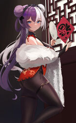  absurdres ass ayun azur_lane black_pantyhose breasts bridal_gauntlets china_dress chinese_clothes chinese_commentary commentary cone_hair_bun crossed_bangs double_bun dress feather_boa female hair_bun hand_fan highres holding holding_fan indoors lantern_festival lattice leg_up long_hair looking_at_viewer medium_breasts multicolored_hair official_alternate_costume panties pantyhose purple_eyes purple_hair smile split-color_hair string_panties thigh_strap tuanshan two-tone_hair underwear white_hair ying_swei_(azur_lane) ying_swei_(frolicking_flowers_verse_i)_(azur_lane) 