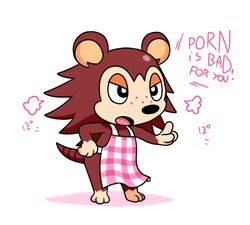  2019 animal_crossing apron apron_only black_nose breath brown_body brown_fur clothing english_text eulipotyphlan eyeshadow female freckles fur gesture guywiththepie hand_on_hip hedgehog japanese_text leg_markings makeup mammal markings mostly_nude nintendo open_mouth pattern_apron pattern_clothing plaid plaid_apron plaid_clothing porn_is_bad_for_you quills_(anatomy) sable_able scolding simple_background solo striped_markings striped_tail stripes tail tail_markings tan_body tan_fur text tongue white_background 