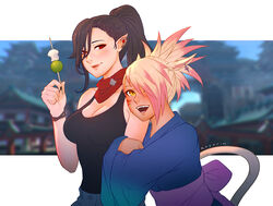  2girls :d arm_hug artist_name artist_self-insert black_nails black_shirt blonde_hair breasts brown_hair cleavage collarbone elezen elf facial_mark final_fantasy final_fantasy_xiv hair_over_one_eye height_difference hilda_ware holding holding_stick hyur japanese_clothes kimono koyorin large_breasts miqo&#039;te multicolored_hair multiple_girls open_mouth orange_eyes parted_lips pointy_ears red_eyes shirt sideboob sleeveless sleeveless_shirt slit_pupils smile stick tail tan tank_top taut_clothes taut_shirt teeth two-tone_hair warrior_of_light_(ff14) whisker_markings yuri 