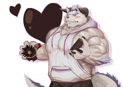  2019 5_fingers absurd_res anthro behemoth_(tas) biceps big_muscles black_claws black_horn black_nose blush cake claws closed_eyes dessert doughnut eating fingers food fur hair hi_res horn huge_muscles lifewonders male monster muscular muscular_anthro muscular_male pastry pecs purple_hair simple_background sleeveless_hoodie solo standing tokyo_afterschool_summoners traver009 white_background white_body white_fur 