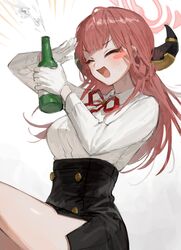  alcohol aru_(blue_archive) black_skirt blue_archive blush blush_stickers bottle breasts closed_eyes collared_shirt commentary_request female frost_fog gloves halo high-waist_skirt highres holding holding_bottle horns korean_commentary long_hair long_sleeves medium_breasts neck_ribbon open_mouth red_hair ribbon salute shirt side_slit simple_background skirt solo white_background white_gloves white_shirt 