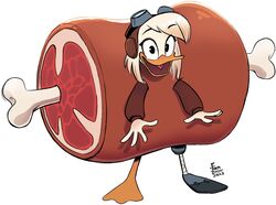  anatid anseriform anthro avian bird clothing costume della_duck disney duck ducktales ducktales_(2017) fanzeem female food food_costume hi_res looking_at_viewer meat meat_costume meat_on_bone meat_on_bone_costume simple_background solo standing white_background 