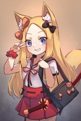  abigail_williams_(fate) animal_ears black_bow blonde_hair blue_eyes blush bow breasts cosplay fate/extra fate/extra_ccc fate/extra_ccc_fox_tail fate/grand_order fate_(series) female forehead fox_ears hakama hakama_skirt highres japanese_clothes long_hair looking_at_viewer miya_(miyaruta) multiple_bows orange_bow parted_bangs red_hakama skirt small_breasts smile suzuka_gozen_(fate) suzuka_gozen_(fate)_(cosplay) 