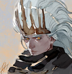  1boy crown dark_souls_(series) dark_souls_iii eyebrows grey_hair long_hair male_focus nameless_king nose phoebecn portrait simple_background yellow_eyes 