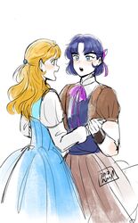  2girls 7aizagatha aged_down blonde_hair blue_dress blue_eyes blue_hair blush commentary_request dress erina_pendleton genderswap_(mtf) hair_ribbon highres holding_hands jojo_no_kimyou_na_bouken jonathan_joestar long_hair long_sleeves multiple_girls open_mouth phantom_blood puffy_sleeves ribbon rule_63 short_hair smile yuri 