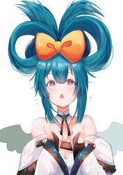  :o alternate_hairstyle bare_shoulders blue_hair borrowed_hairstyle bow cinnamiku_hairstyle commentary detached_collar dizzy_(guilty_gear) dress female folded_twintails guilty_gear hairbow long_hair long_sleeves looking_up mini_wings off-shoulder_dress off_shoulder racaiyu red_eyes sanrio solo very_long_hair vocaloid w_arms white_dress white_wings wide_sleeves wings yellow_bow 