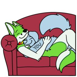  1:1 alpha_channel anthro canid canine canis clothing collar cuddling digital_drawing_(artwork) digital_media_(artwork) duo fidget_the_fox flat_colors fox fur furniture green_body green_eyes green_fur hug male male/male mammal multicolored_clothing outline rainbow_colors simple_background smile sofa sticker supersonicsoup telegram telegram_sticker text transparent_background white_body white_fur white_outline ych_(character) 