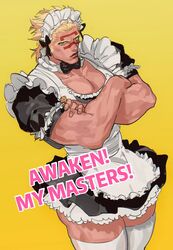  1boy alternate_costume apron bara battle_tendency black_dress blonde_hair chinese_commentary commentary crossdressing crossed_arms dress earrings enmaided facial_mark facial_tattoo highres hoop_earrings jewelry jojo_no_kimyou_na_bouken limaotanuki lip_piercing lip_ring maid maid_apron maid_headdress male_focus muscular muscular_male piercing puffy_sleeves solo tattoo thighhighs wamuu white_apron 