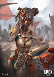  absurdres apex_legends blood blood_on_face blood_on_hands braid braided_bun breasts cleavage cleavage_cutout clothing_cutout d.o.c._health_drone dark-skinned_female dark_skin english_commentary female green_lips green_nails grey_hair gun hair_bun handgun highres holding holding_gun holding_weapon kings_canyon lifeline_(apex_legends) logo medium_breasts official_alternate_costume one_eye_covered pants re-45_auto shrug_(clothing) side_braid solo trembling warren_nguyen weapon white_pants worlds_apart_lifeline 