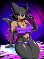  absurd_res anthro anthrofied artofthediscipline big_breasts bra breasts clothed clothing eyelashes felid female fur generation_5_pokemon gesture hand_gesture hi_res looking_at_viewer mammal morena nintendo panties pokemon pokemon_(species) pokemorph purrloin shiny_pokemon solo underwear v_sign 