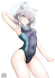  absurdres animal_ear_fluff animal_ears artist_logo black_one-piece_swimsuit blue_archive blue_eyes breasts commentary_request competition_swimsuit contrail covered_navel cowboy_shot cross_hair_ornament extra_ears female grey_hair hair_ornament halo highres jihanki_(kunicho_gt) low_ponytail medium_breasts medium_hair mismatched_pupils multicolored_clothes multicolored_swimsuit official_alternate_costume one-piece_swimsuit shiroko_(blue_archive) shiroko_(swimsuit)_(blue_archive) simple_background solo standing swimsuit white_background wolf_ears 