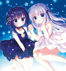  2girls :d :o aono_ribbon bare_arms bare_shoulders barefoot black_choker black_ribbon blue_dress blue_eyes blue_hair blush choker collarbone commentary_request dress feet_out_of_frame fuiba_fuyu gochuumon_wa_usagi_desu_ka? grey_hair hair_between_eyes hair_ornament hair_ribbon hairclip hand_up hands_up holding_hands kafuu_chino long_hair multiple_girls parted_lips ribbon sleeveless sleeveless_dress smile star_(symbol) sundress twitter_username very_long_hair white_dress white_ribbon 