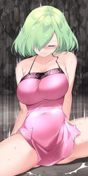  belly blush breasts chinese_clothes closed_eyes collarbone covered_navel dress dudou fallen_down female green_hair hair_over_one_eye highres lace_trim large_breasts legs_apart li_zhiheng light_green_hair livia_(my_harem_grew_so_large_i_was_forced_to_ascend) mole mole_on_breast motion_lines my_harem_grew_so_large_i_was_forced_to_ascend no_bra no_panties one_eye_covered pelvic_curtain pink_dress shiny_clothes short_hair side_slit thighs 