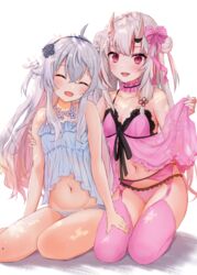  2girls :d arm_around_waist babydoll babydoll_lift bare_arms bare_shoulders blue_panties breasts choker closed_eyes collarbone commentary_request double_bun ex_idol frilled_choker frills garter_belt grey_hair hair_between_eyes hair_bun hand_on_another&#039;s_thigh hand_up highres hololive horns indie_virtual_youtuber kagura_nana long_hair looking_at_viewer midriff multicolored_hair multiple_girls nakiri_ayame navel oerba_yun_fang oni open_mouth panties panties_over_garter_belt pink_choker pink_legwear pink_panties red_eyes red_hair see-through simple_background sitting skin-covered_horns small_breasts smile streaked_hair thighhighs underwear virtual_youtuber white_background white_hair wrist_cuffs 