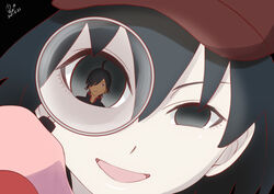  1boy ahoge araragi_koyomi black_eyes black_hair black_shirt commentary dated female hair_between_eyes hair_over_one_eye hat holding holding_magnifying_glass huumoon long_hair looking_at_viewer magnifying_glass monogatari_(series) open_mouth oshino_ougi red_headwear shirt short_hair signature sleeves_past_fingers sleeves_past_wrists smile 