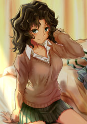  absurdres amagami bag black_eyes black_hair blush breasts brown_sweater collared_shirt female hand_up highres indoors kibito_high_school_uniform kz_nezu3 long_sleeves looking_at_viewer medium_breasts medium_hair messy_hair on_bed open_collar parted_bangs pleated_skirt school_uniform shirt sitting skirt smile sweater tanamachi_kaoru 